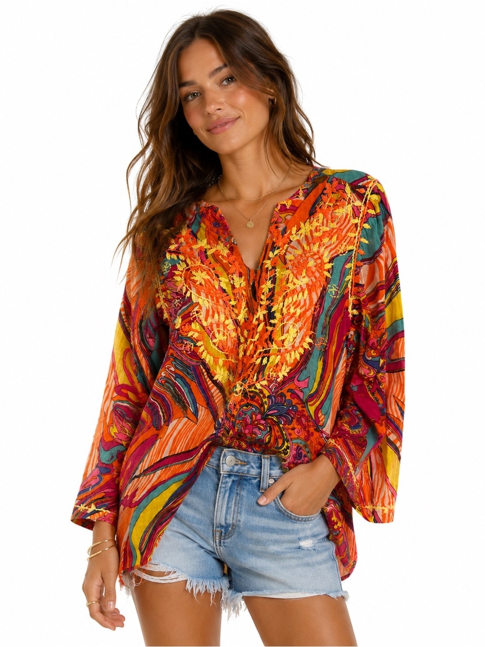 Raj India Embroidered Boho Tunic Top Women’s Small 100% Cotton Colorful